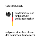 Förderlogo des Bundesministeriums für Ernährung und Landwirtschaft, dreiteilig, links der Bundesadler, mittig eine senkrechte Linie in schwarz-rot-gold, rechts der Name des Ministeriums