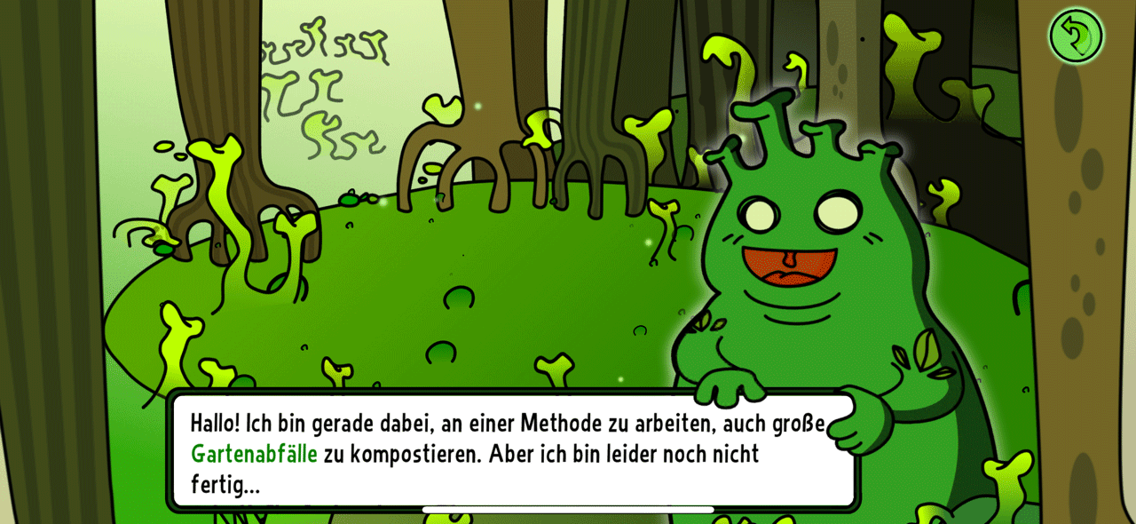 Screenshot aus der Smartphone-App DIE MÜLL AG mit Illustration eines Biomüll-Monsters im Sumpf.