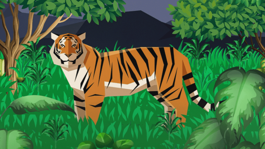 Illustration eines Tigers in blühender Landschaft aus der App "PalmOil Scan" 