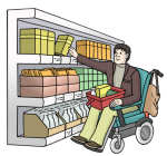 Grafik: Ein Mann im Rollstuhl kauft im Supermarkt ein
